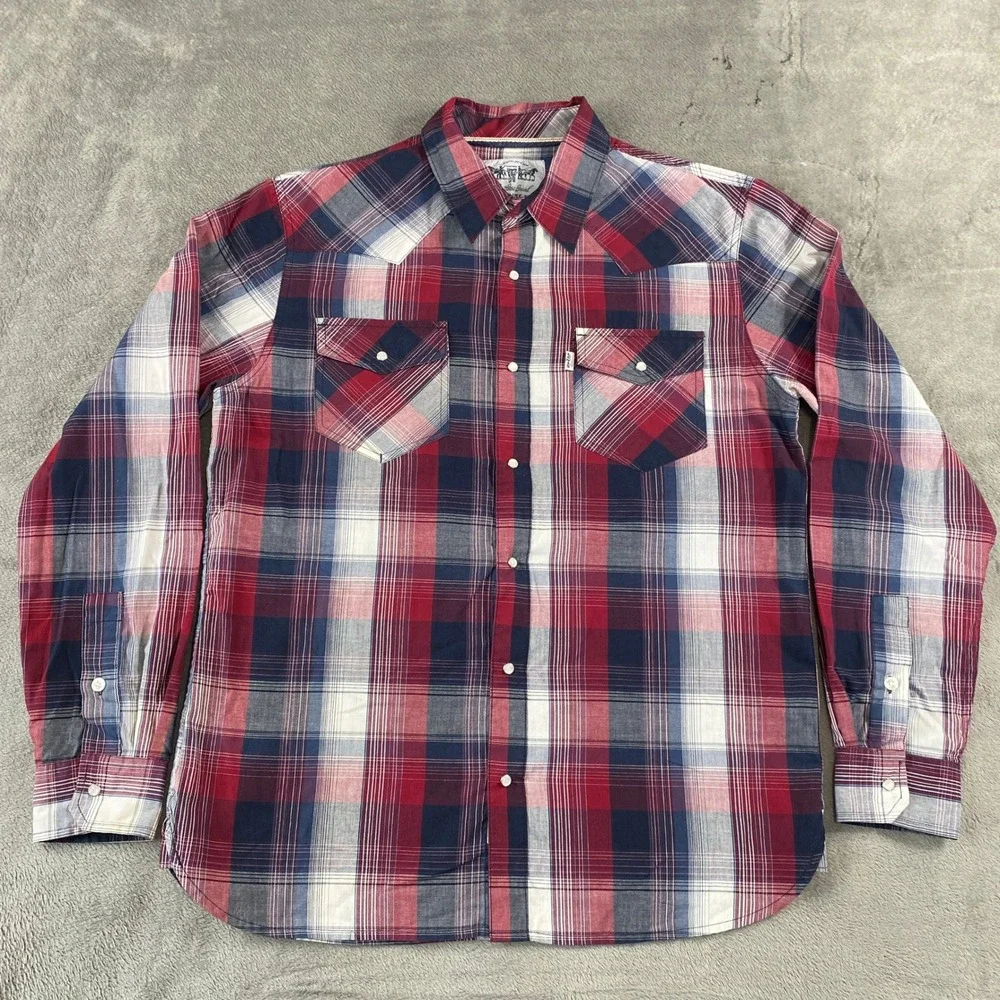 Levis Western Shirt Men M Red Blue White Plaid Snap Front Two Horse Brand Cowboy